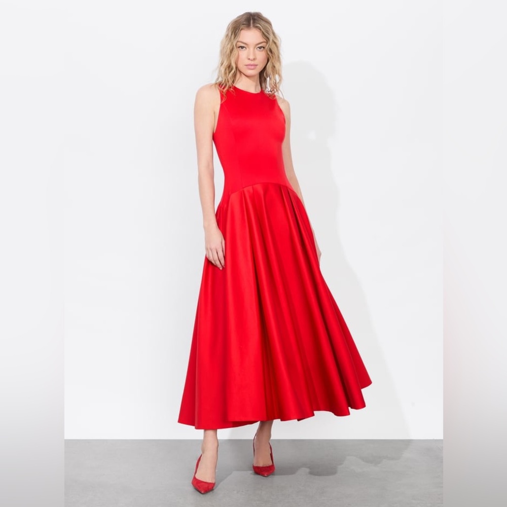 Alice + Olivia Adley Drop Waist Midi Dress Red - Picture 4 of 9